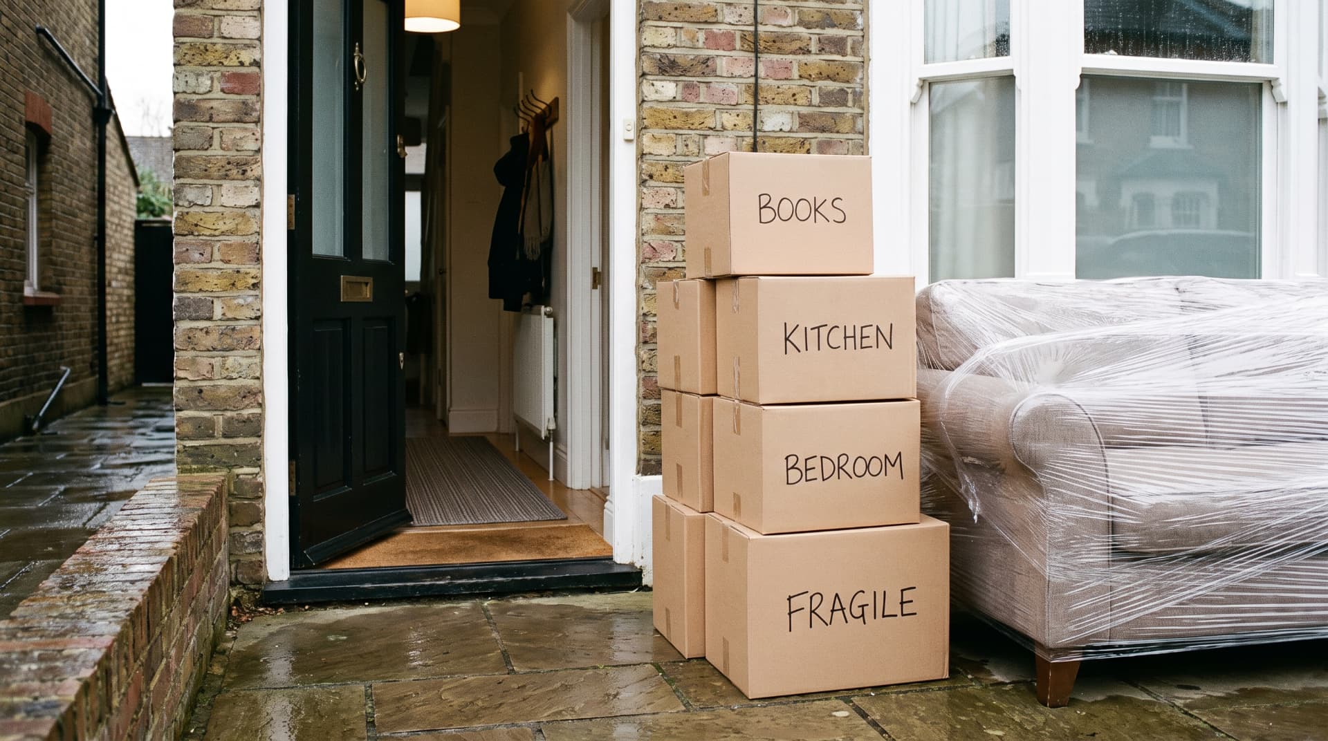 Labelled moving boxes and wrapped furniture ready for a house move in Birmingham