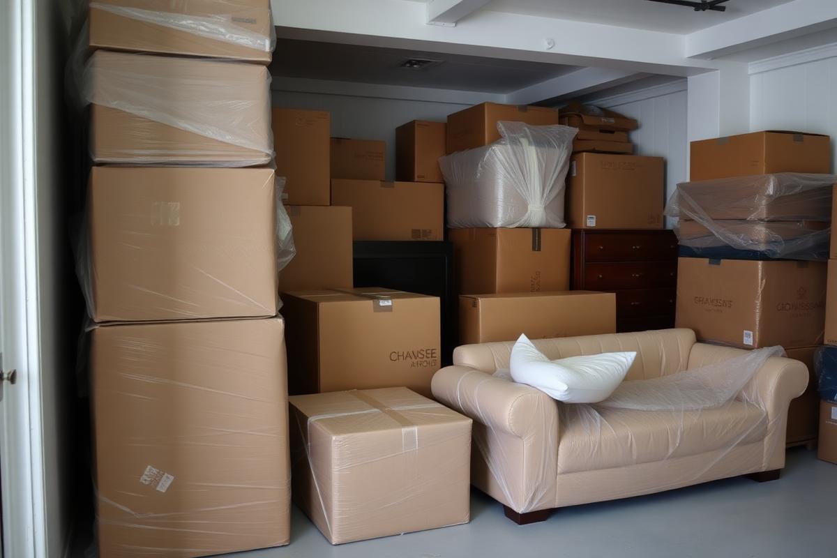 Household furniture and boxes in secure storage for a Birmingham house move