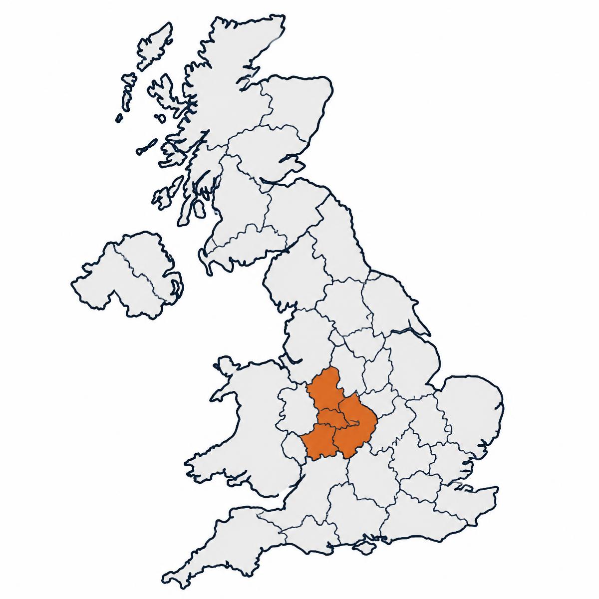 Map of the United Kingdom showing Birmingham, Worcester and the West Midlands highlighted in orange